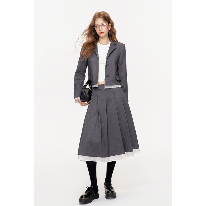 Kroche Striped Patchwork Pleated Long Skirt Gray