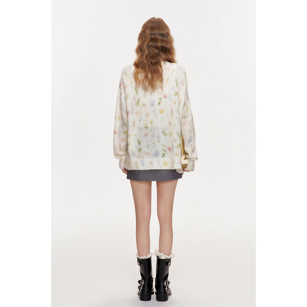 Kroche Mohair Floral Knitted V-Neck Woolen Cardigan