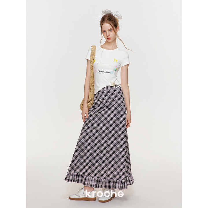 Kroche Wrinkle Hem High Waist Plaid Long Skirt