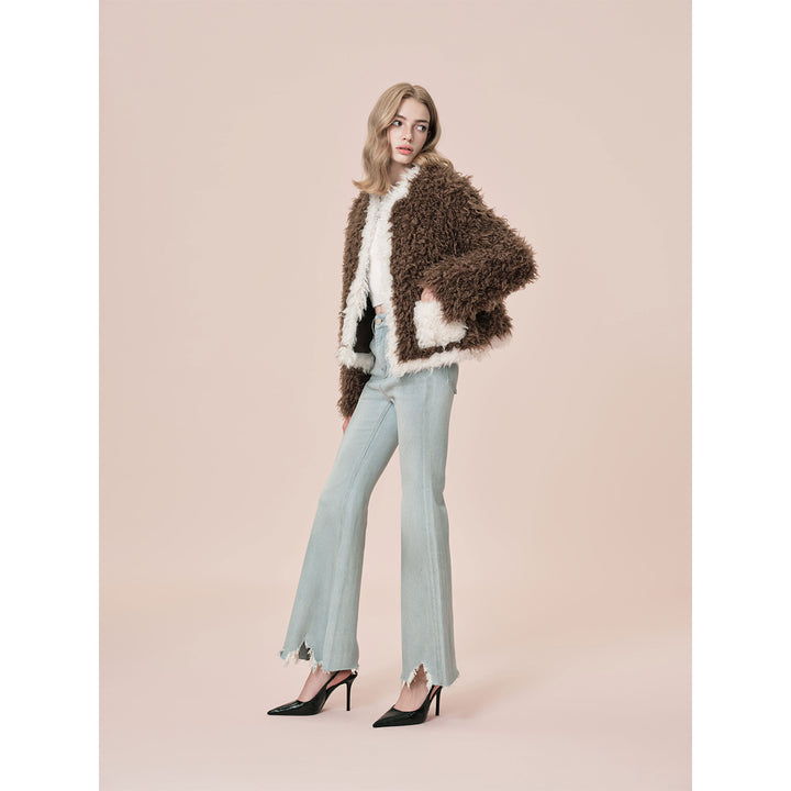 Rocha Roma Color Blocked Curly Fur Jacket Brown