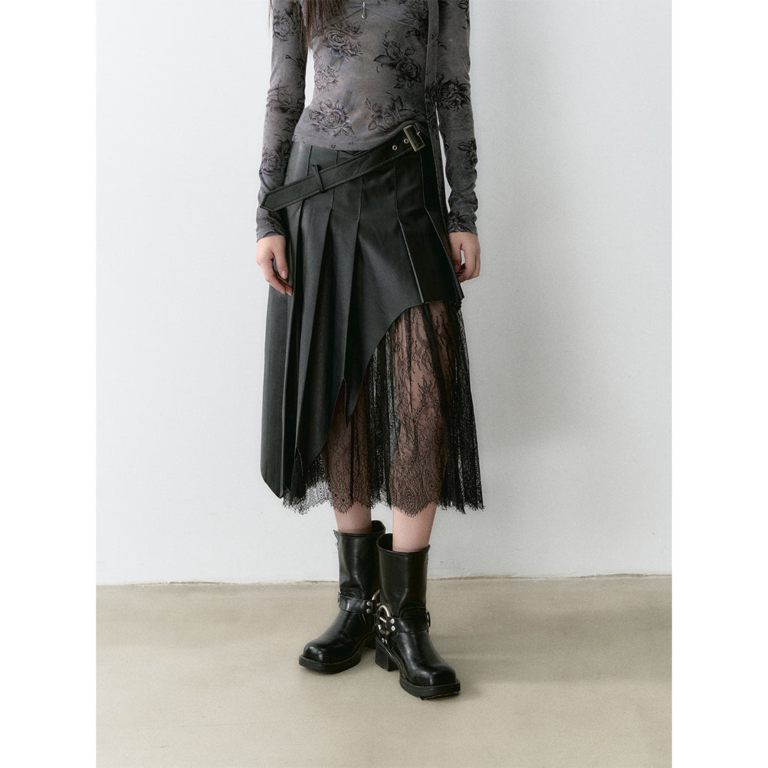 Via Pitti Irregular Lace Patchwork Leather Skirt Black