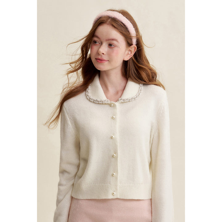 Kroche ﻿Pearl Button Doll Collar Knit Cardigan White