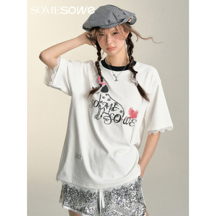 SomeSowe Spotted Puppy Heart Lace Edge T-Shirt