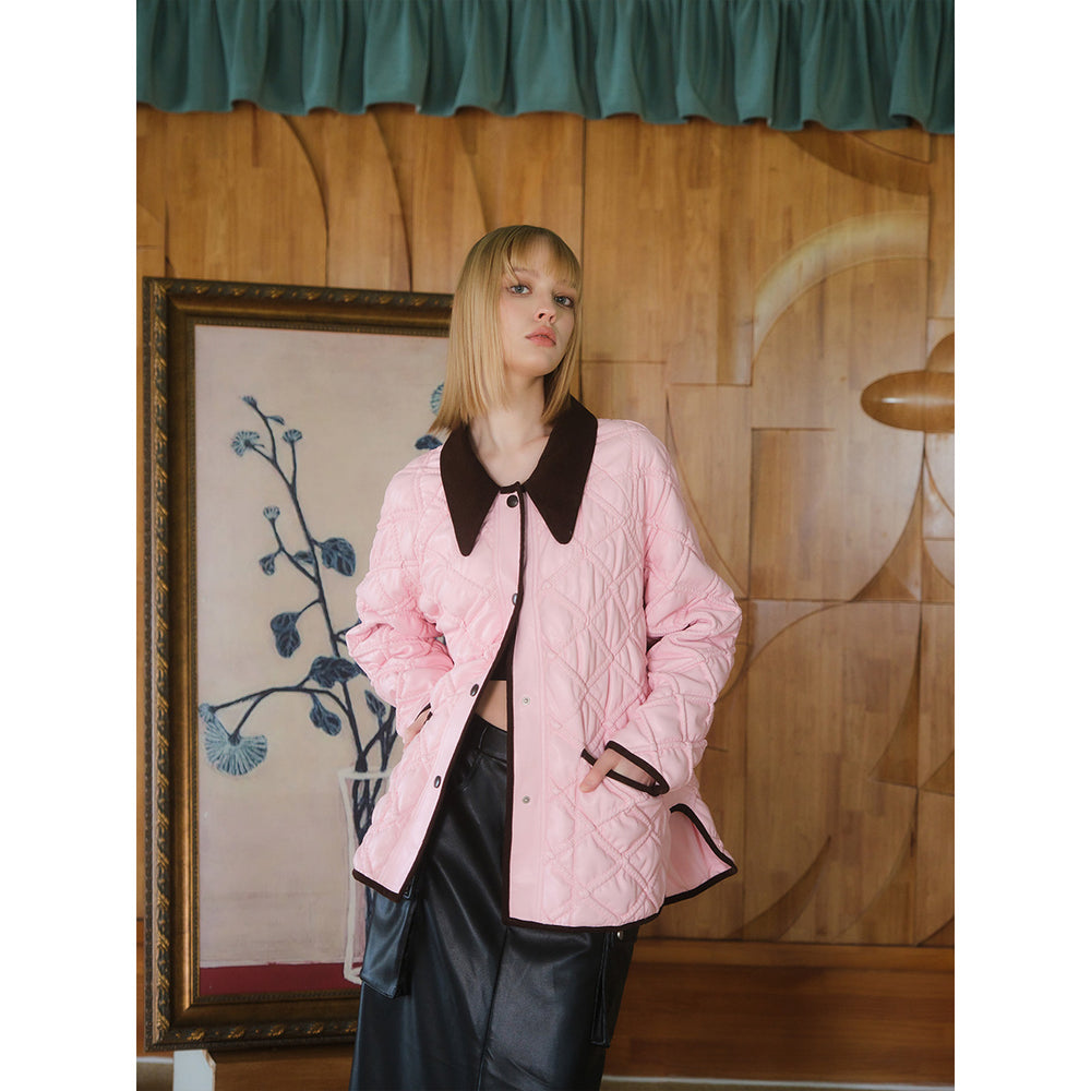 Three Quarters Color Blocked Lapel Jacket Pink - Mores Studio