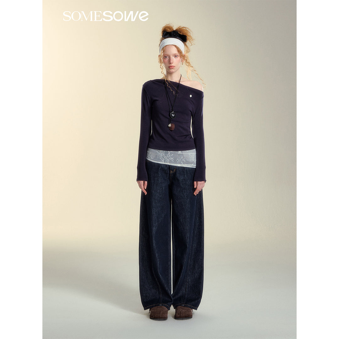 SomeSowe Color Blocked Casual Denim Pants Dark Blue