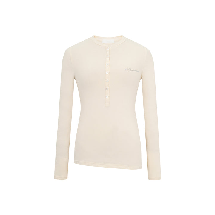 Three Quarters Hotfix Logo Henry Collar Slim Top Beige