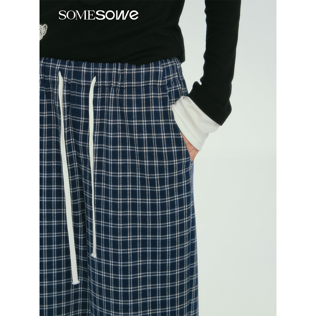 SomeSowe Plaid Drawstring Wide-Leg Pants Blue