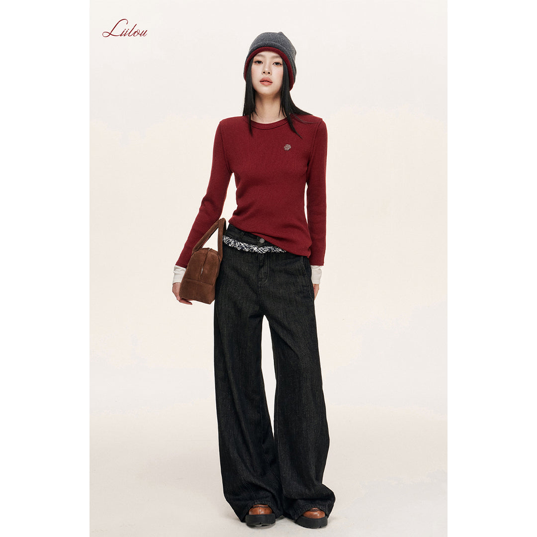 Liilou Plaid Stringy Lace Edge Wide-Leg Fleece-Lined Jeans