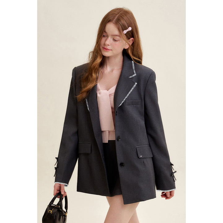 Kroche Blended Woolen Bow Flat Collar Suit Jacket Gray