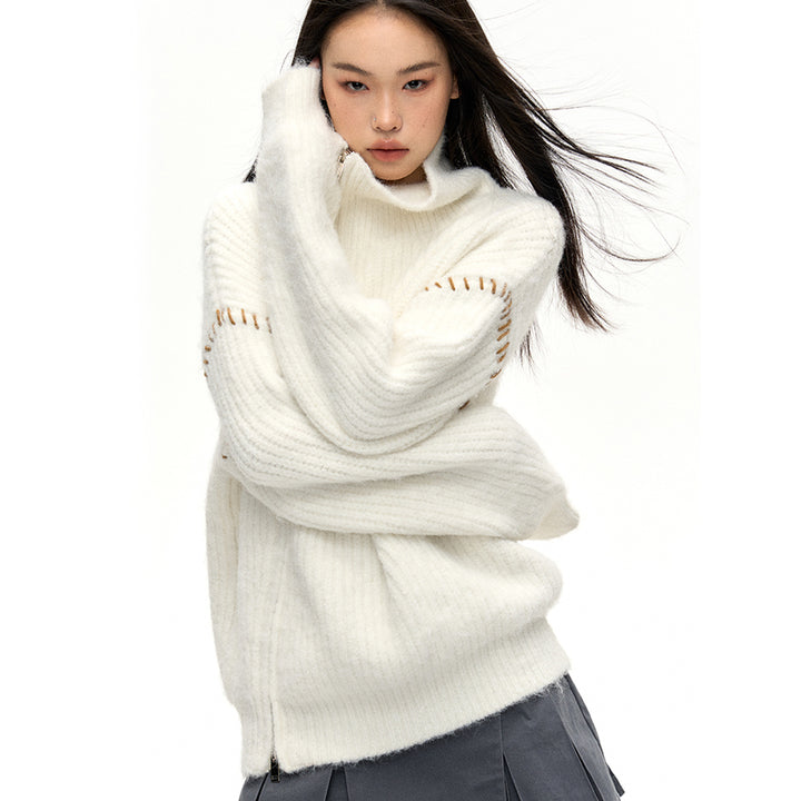 NotAwear Color Blocked Drawstring Zipper Knit Sweater White - Mores Studio