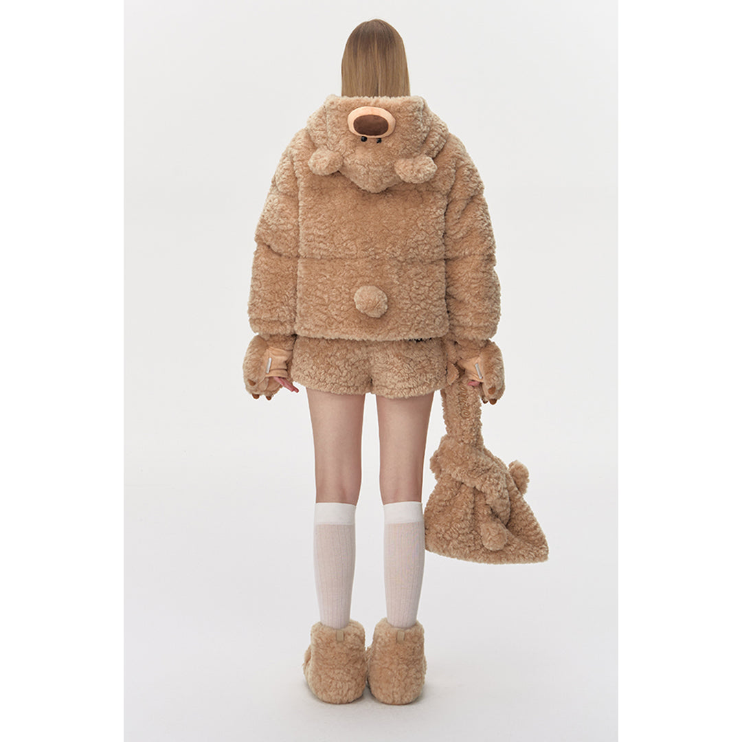 13De Marzo Plush Bear Detachable Fuzzy Down Jacket Khaki