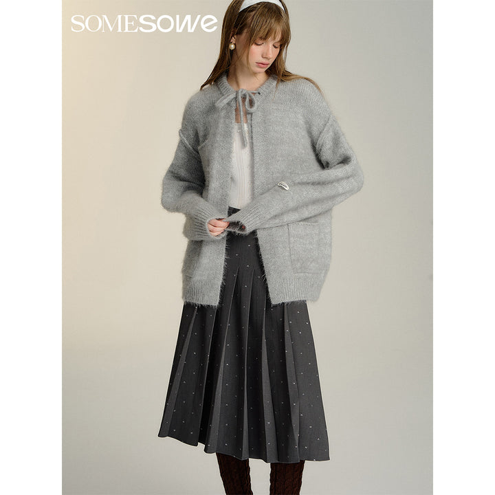 SomeSowe Silhouette Lace Up Furry Cardigan Gray