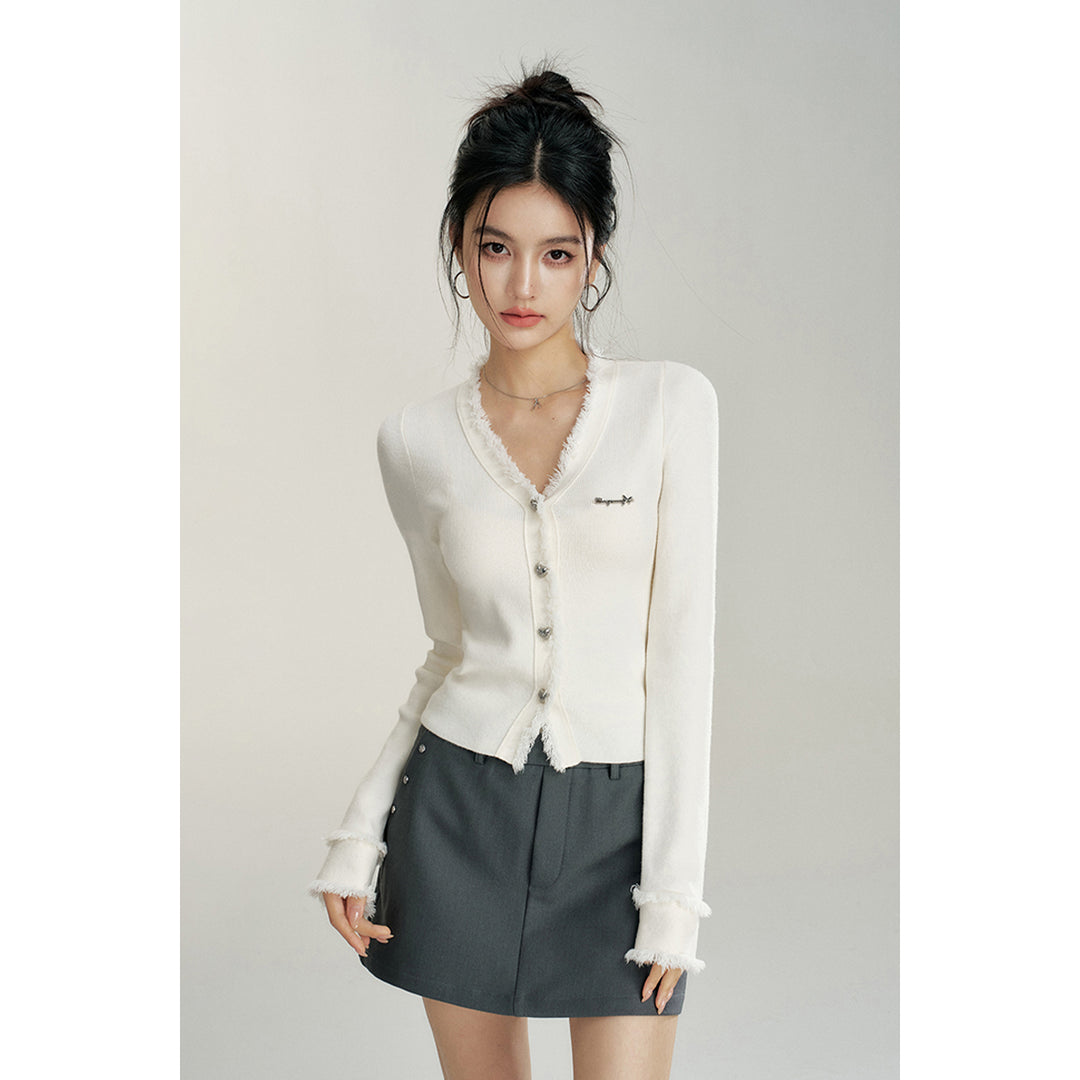 MacyMccoy V-Neck Raw Edge Slim Knit Cardigan Top White