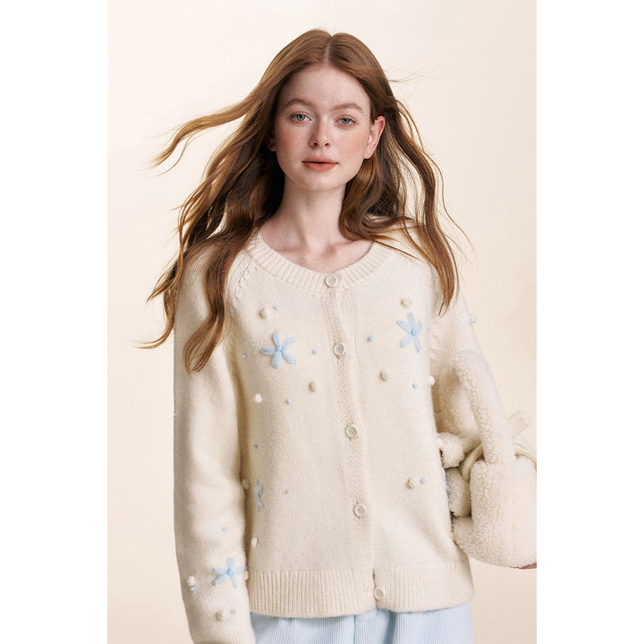 Kroche ﻿3D Hand Crochet Snow Round-Neck Knit Cardigan White