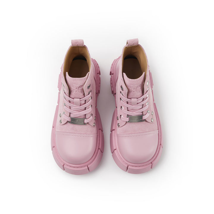 Trapar Waves Thick-Soled Logo Casual Leather Boots Pink