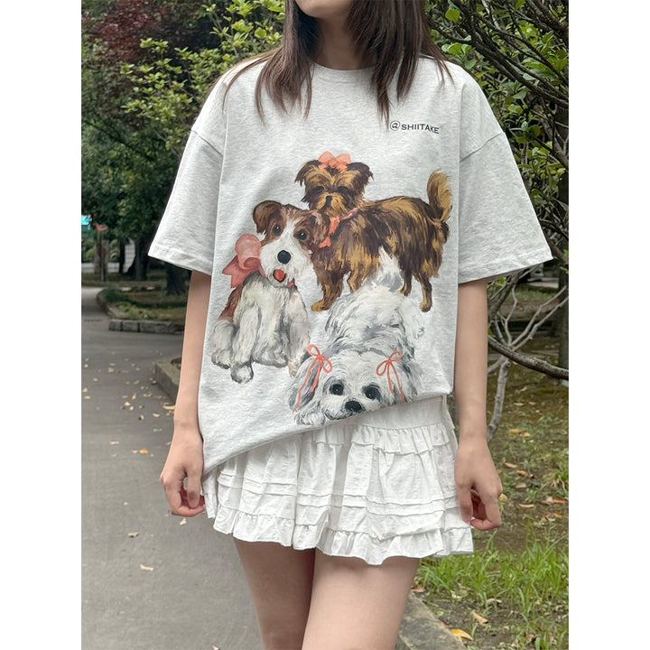 Shiitake Puppy Family Printed T-Shirt Gray