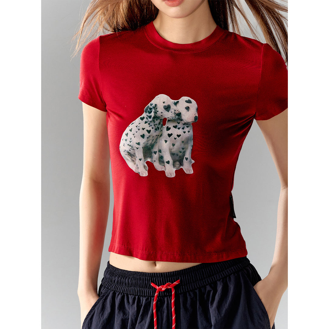 AsGony Printed Spotted Puppy Slim T-Shirt Red