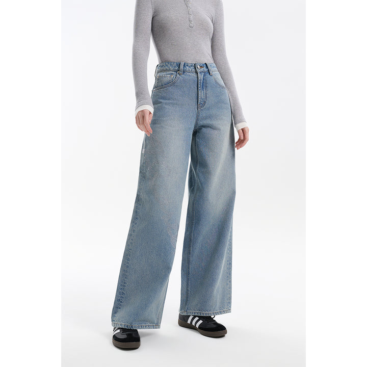 Three Quarters Hotfix Logo Loose Wide-Leg Jeans Blue