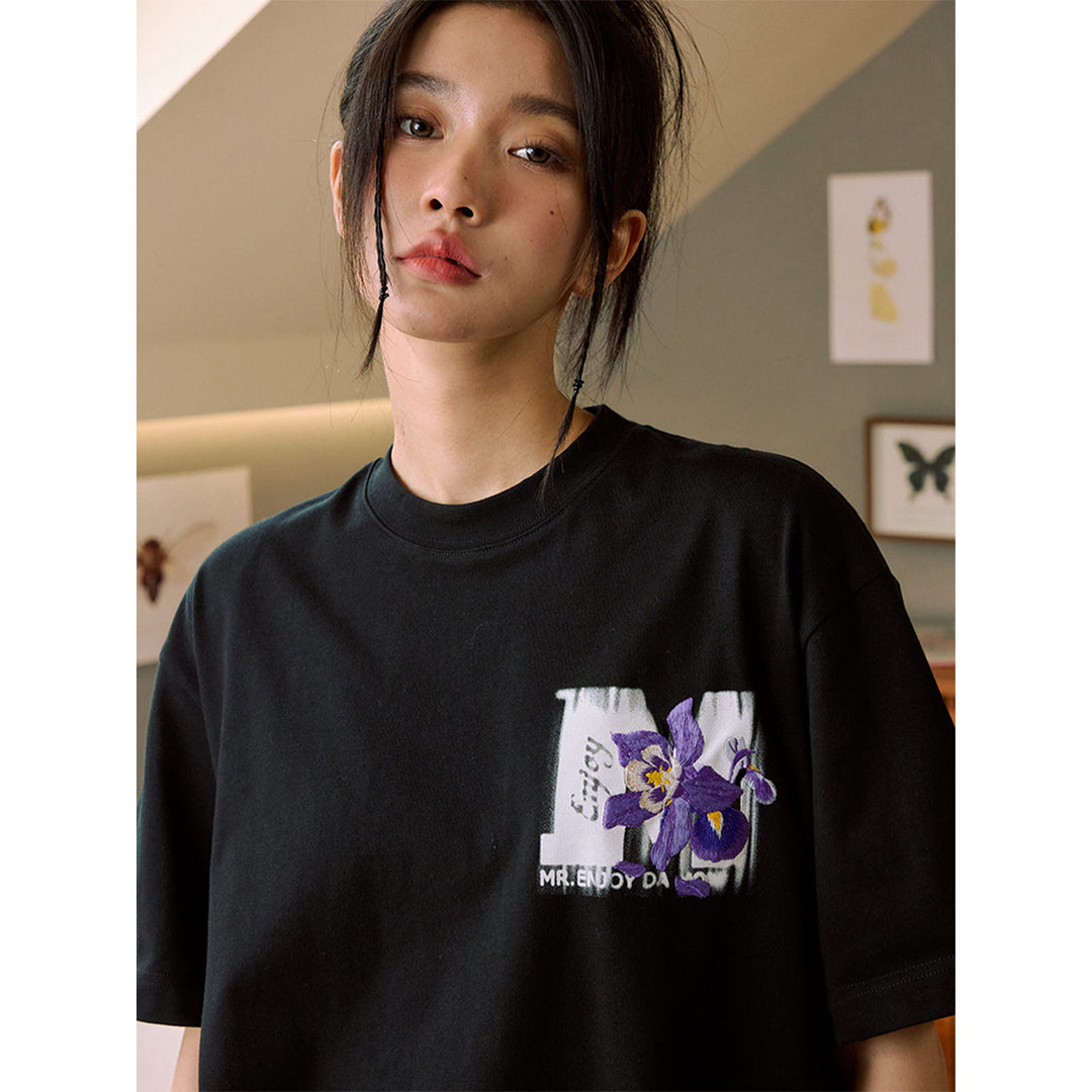 MEDM Mottled Logo Floral Embroidery Tee Black