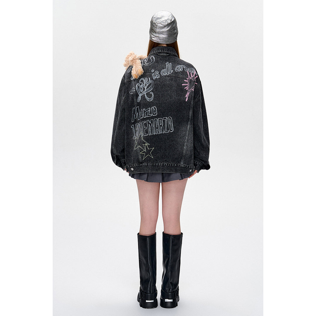 13De Marzo Full Graffiti Retro Washed Denim Jacket Black