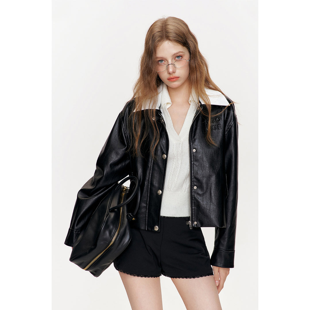 Kroche Color Blocked Lapel Leather Jacket Black