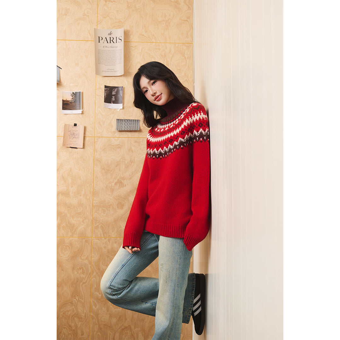 Three Quarters Fair Isle Jacquard Color Contrast High Collar Sweater Red