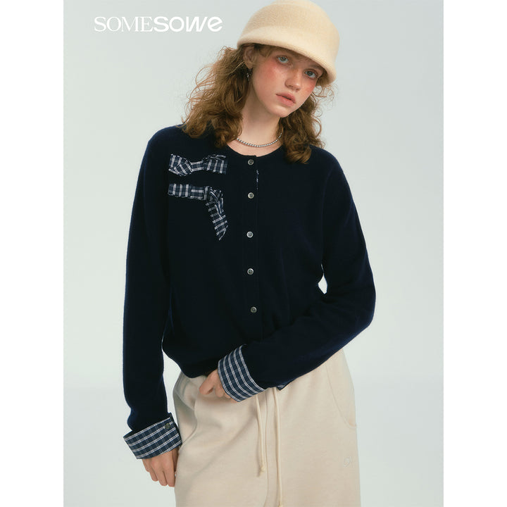 SomeSowe 3D Bow Plaid Knit Cardigan Navy Blue