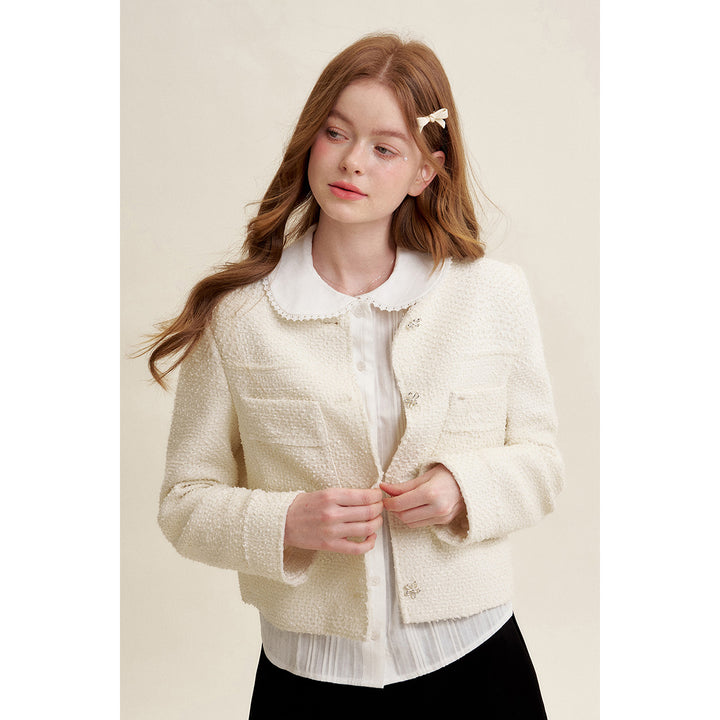 Kroche Heavy Floral Button Tweed Jacket White