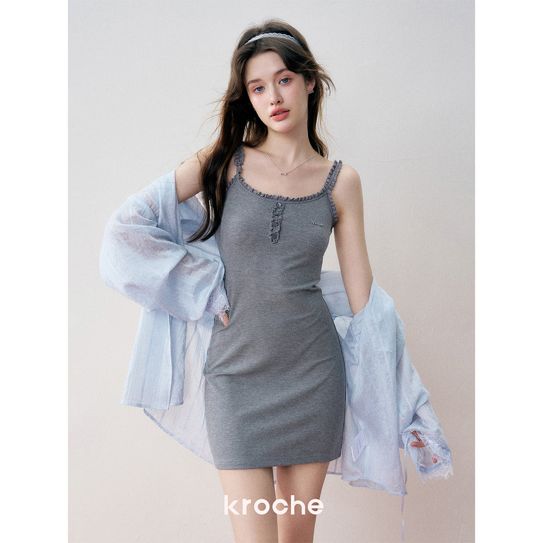 Kroche Lace Knit Sling Short Dress Gray