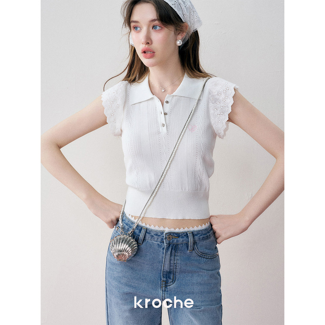 Kroche Lace Patchwork Embroidery Knit Top White