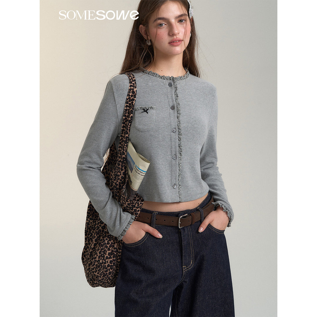 SomeSowe Bow Lace Knit Cardigan Gray