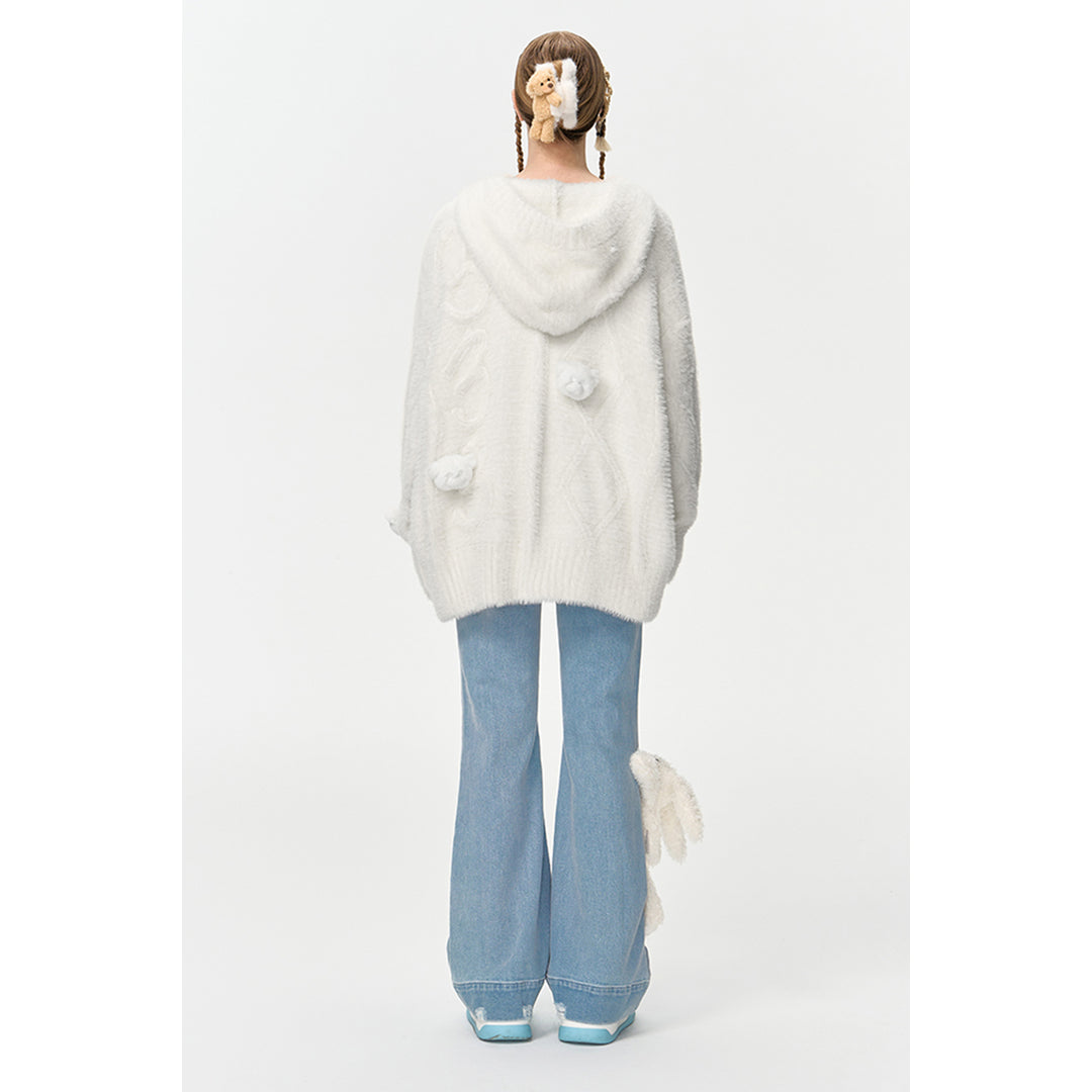 13De Marzo Bear Jacquard Knit Furry Hooded Cardigan White