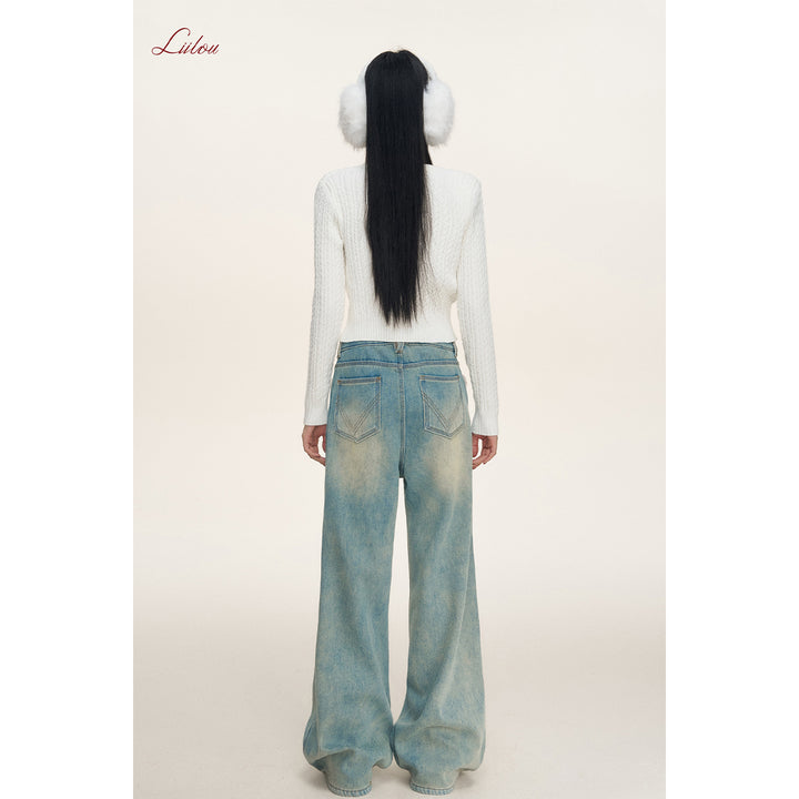 Liilou Woolen Patchwork Wide-Leg Fleece-Lined Jeans