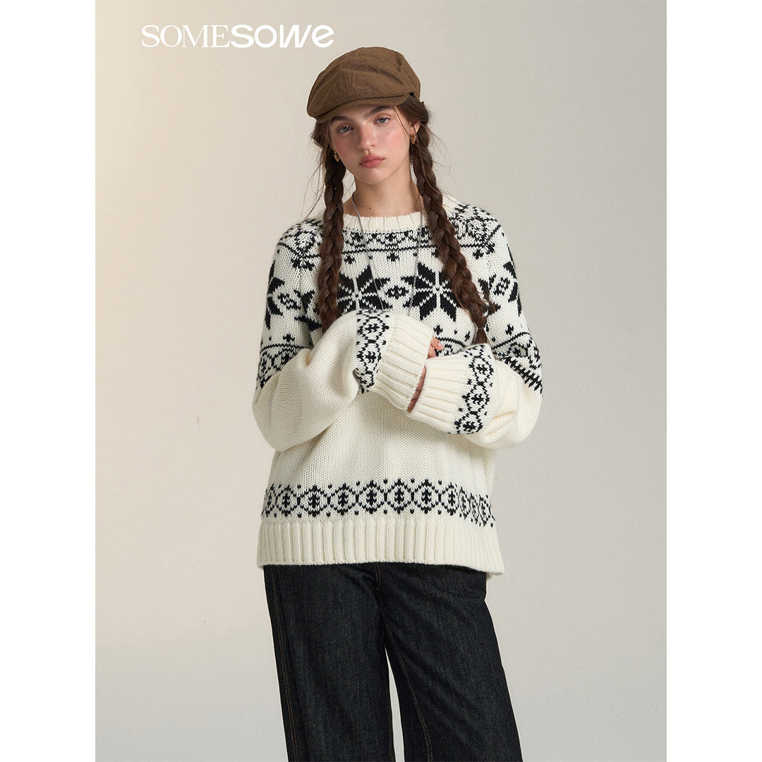 SomeSowe Vintage Jacquard Round-Neck Knit Sweater White