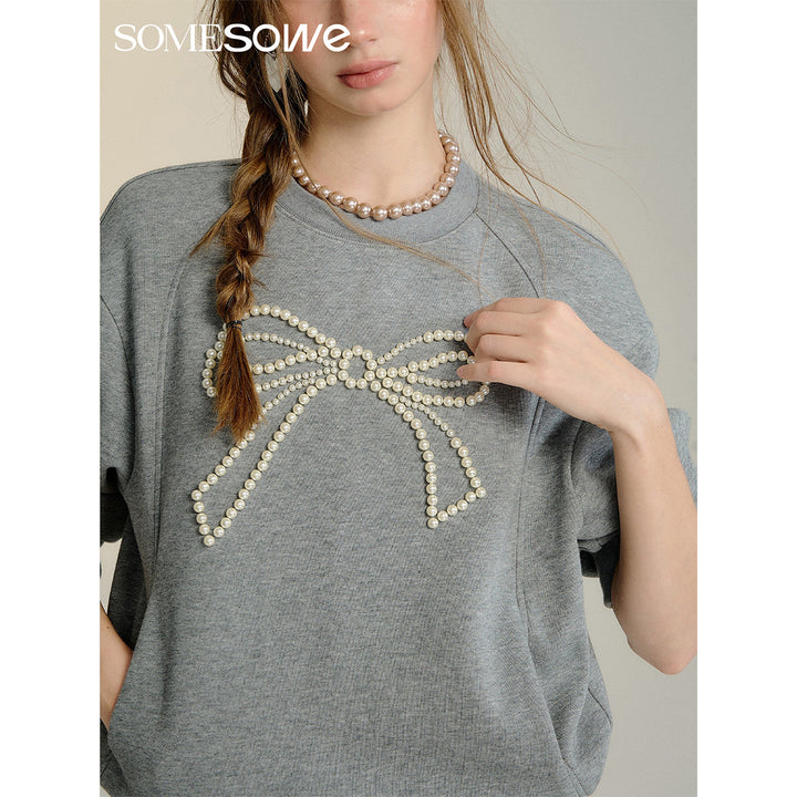 SomeSowe Bow Beaded Crewneck Sweatshirt Gray