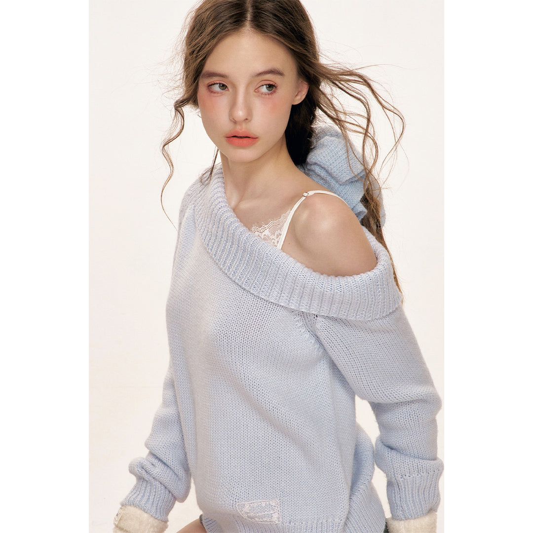 Kroche Lace Patchwork Diagonal Shoulder Woolen Sweater