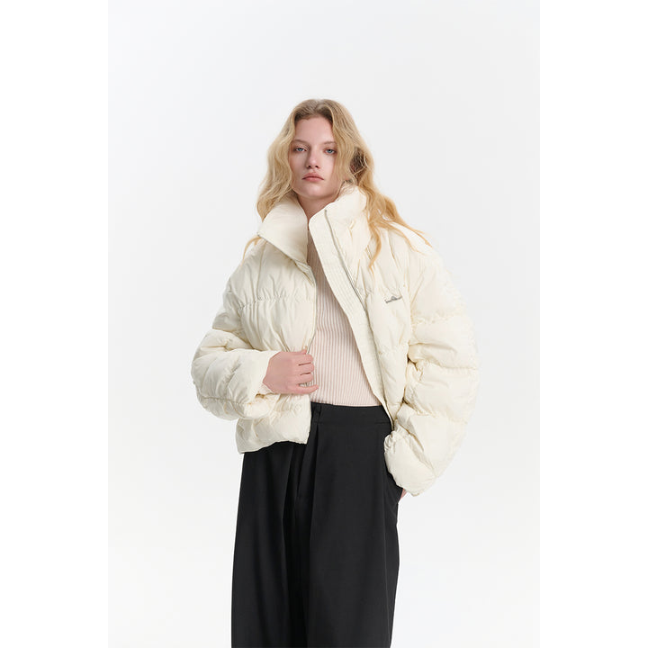 Three Quarters Checkered Lapel Short Down Jacket White