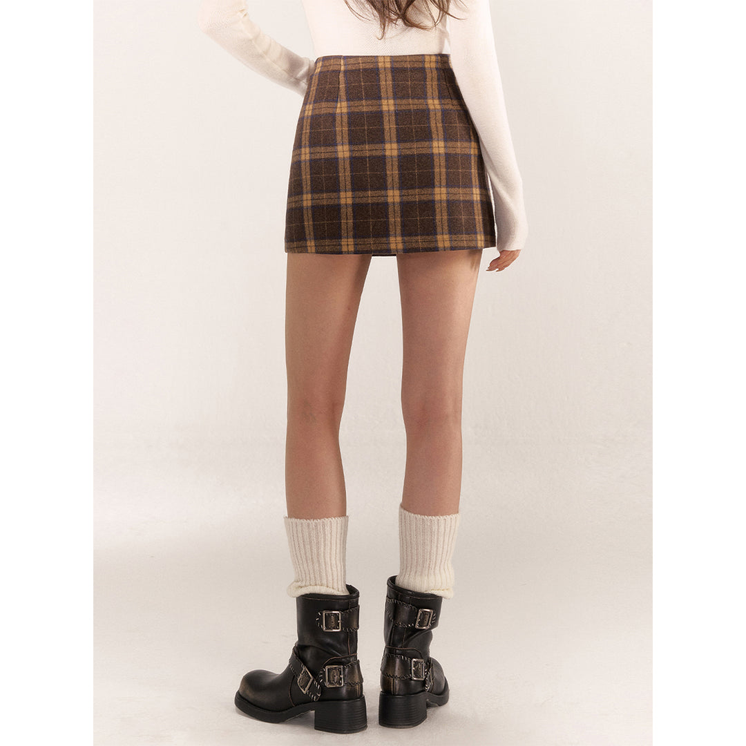 AsGony Retro Plaid High Waist Tweed Skirt Brown