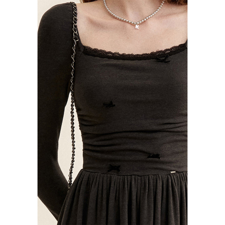 Kroche Velvet Bow Square Neck Waisted Dress Black