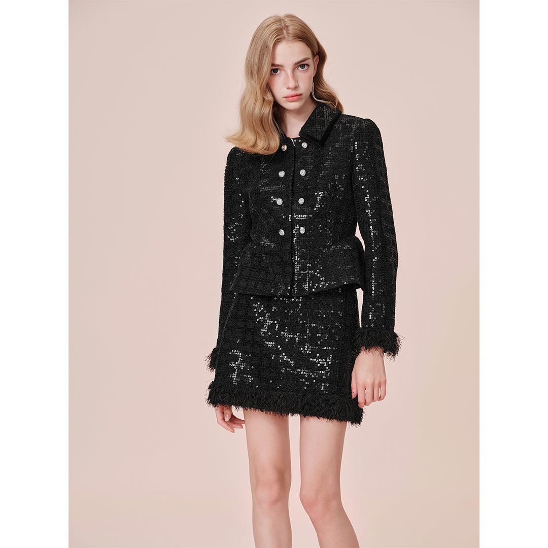 Rocha Roma Sequin Tweed Fluffy Cuff Jacket Black