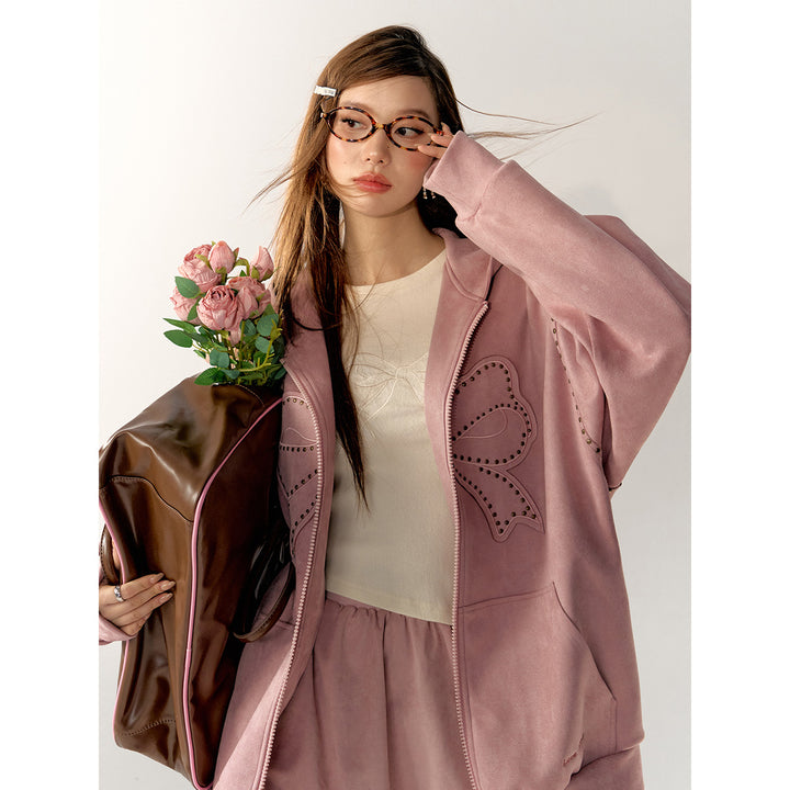 AsGony Bow Suede Lapel Casual Jacket Pink