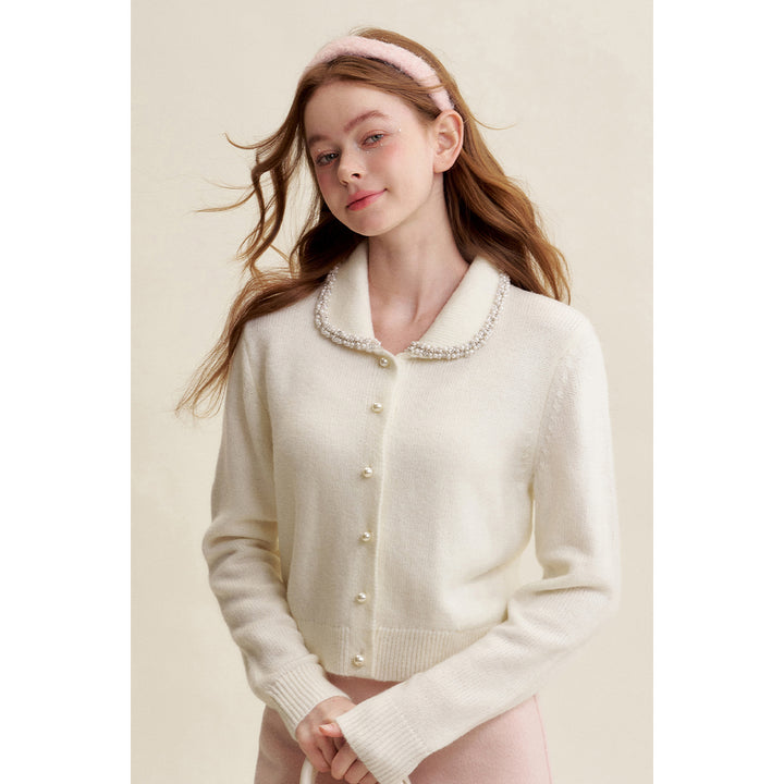 Kroche ﻿Pearl Button Doll Collar Knit Cardigan White