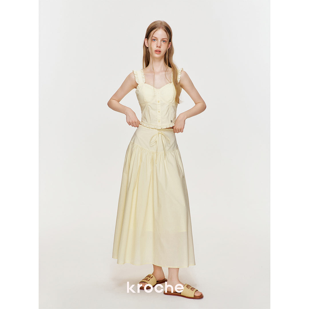 Kroche Bow Wrinkle Lace Edge Long Skirt Yellow