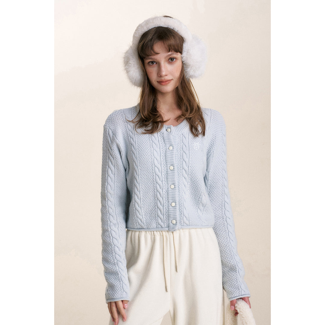 Kroche Blended Woolen Embroidery Twist Cardigan Blue