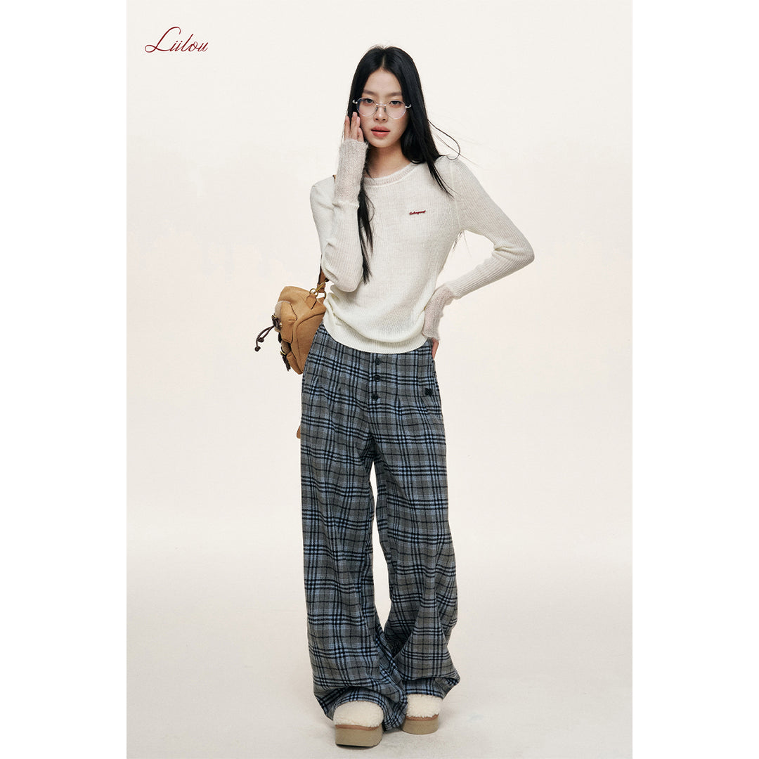 Liilou Plaid Contrast Color Wide-Leg Tweed Pants Blue