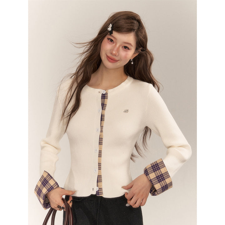 AsGony Retro Plaid Patchwork Slim Knit Cardigan White