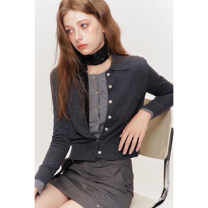 Kroche Shell Button Knitted Polo Cardigan Dark Gray