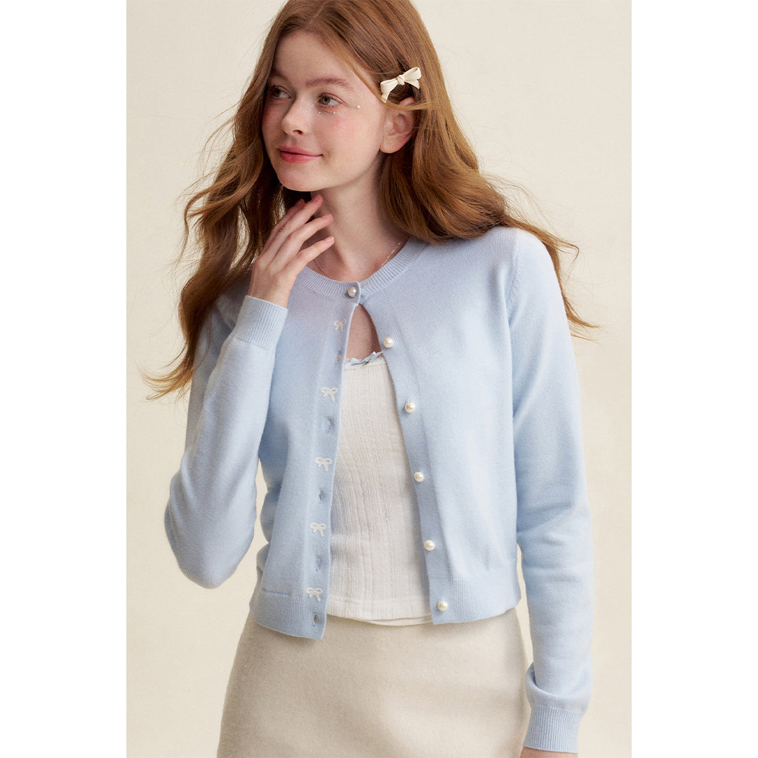 Kroche ﻿Bow Embroidery Pearl Button Knit Cardigan Blue