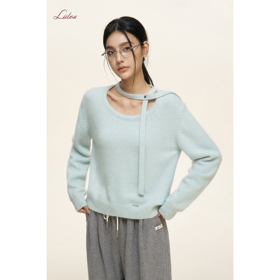 Liilou Halter Lace Up Long Sleeved Knit Sweater Blue