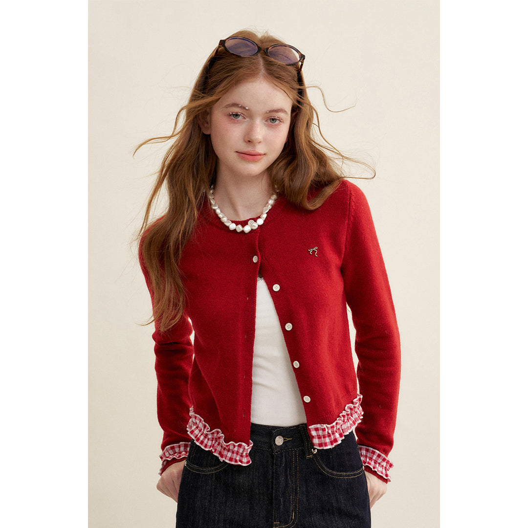 Kroche Stringy Selvedge Plaid Patchwork Knit Cardigan Red